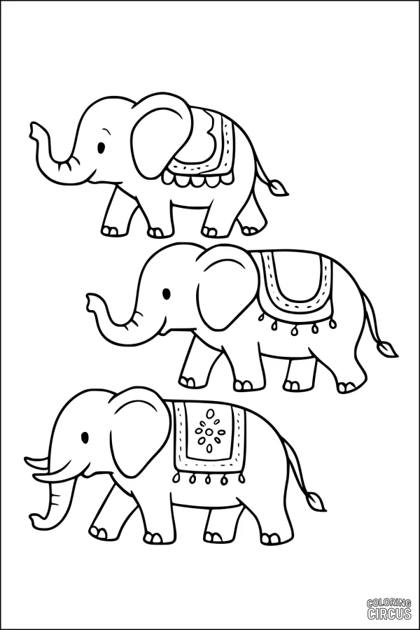 Coloring page with three decorated cartoon elephants in a parade