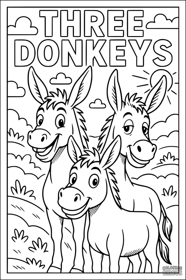 Coloring page of three smiling donkeys in a sunny meadow with clouds