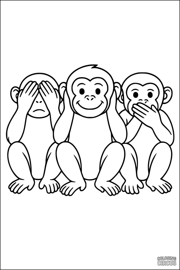 Coloring page with three sitting monkeys showing see no evil, hear no evil, speak no evil gestures