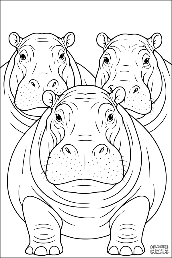 Coloring page featuring three hippopotamuses with friendly faces, standing close together