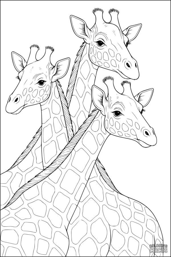 Coloring page with three detailed giraffes with patterned necks and curious expressions