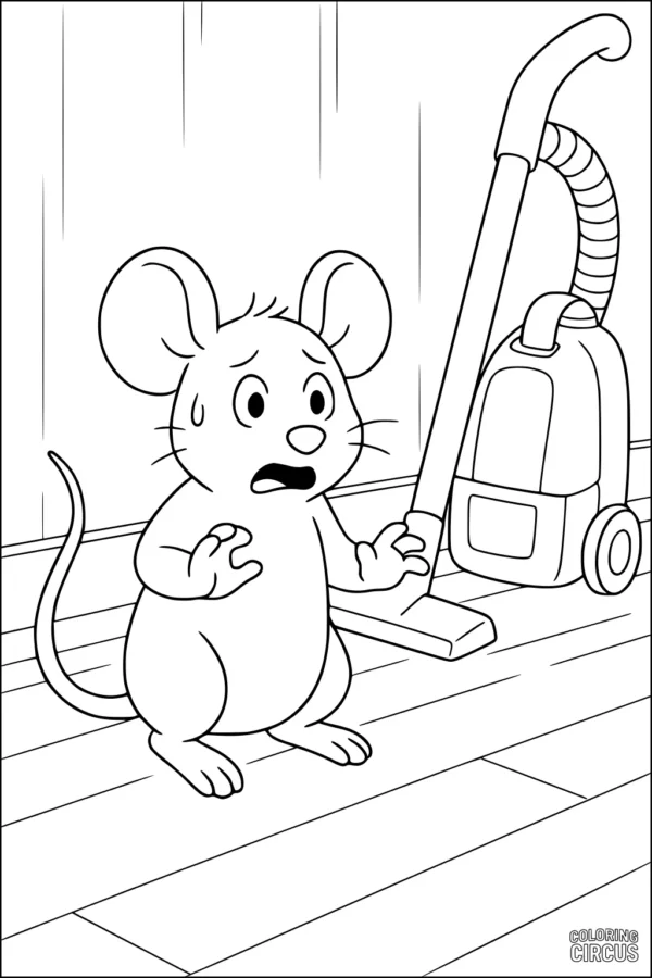Coloring page of a cartoon mouse startled by a vacuum cleaner, set on a wooden floor
