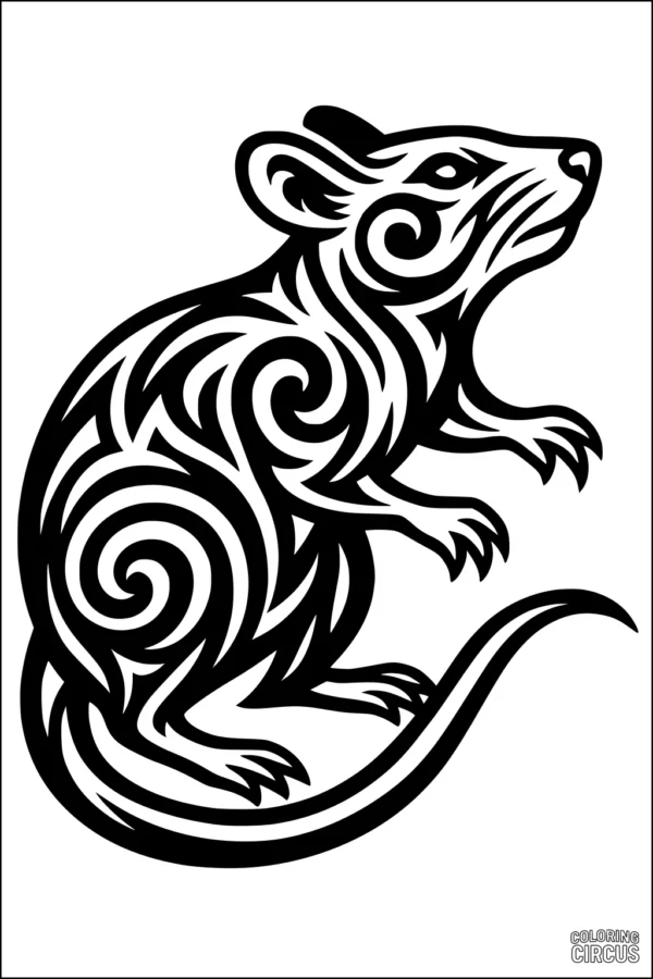Coloring page of a rat with tribal spiral patterns and bold lines