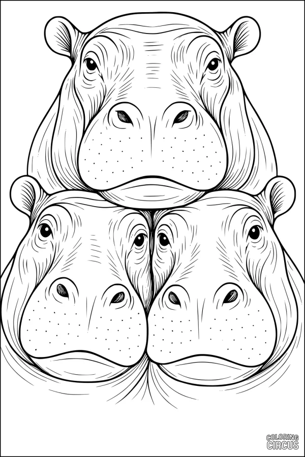 Coloring page featuring three detailed hippopotamus faces stacked together