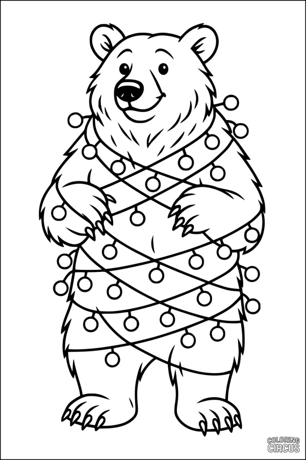 Coloring page shows a cute bear wrapped in festive string lights