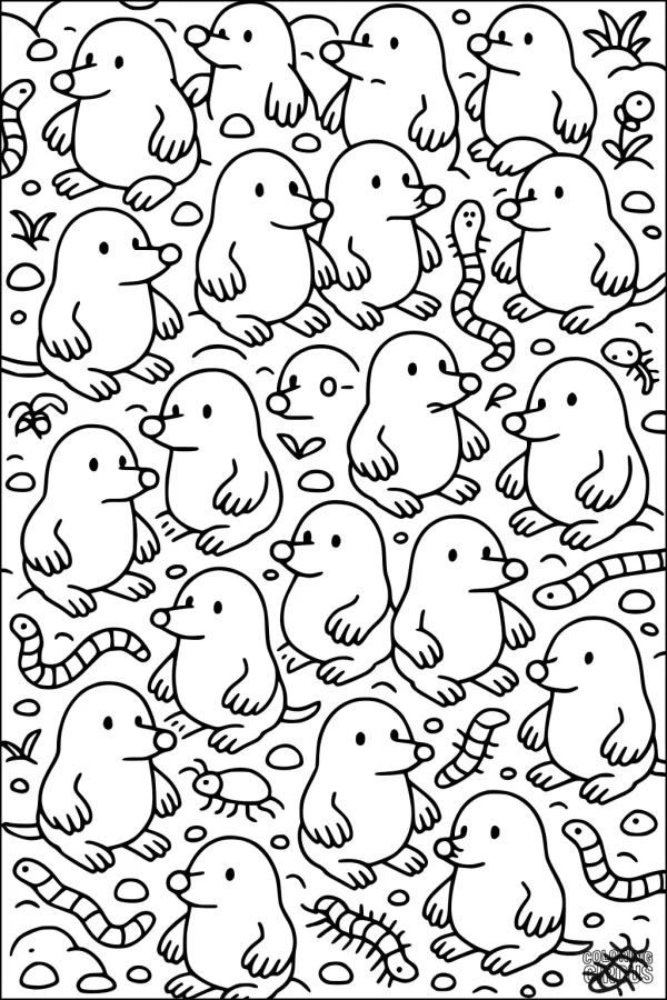 Coloring page filled with cute cartoon moles, worms, and insects in an underground scene