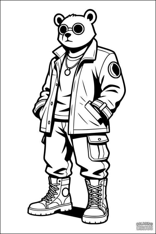 Coloring page of a fashionable bear in sunglasses, jacket, and boots standing confidently