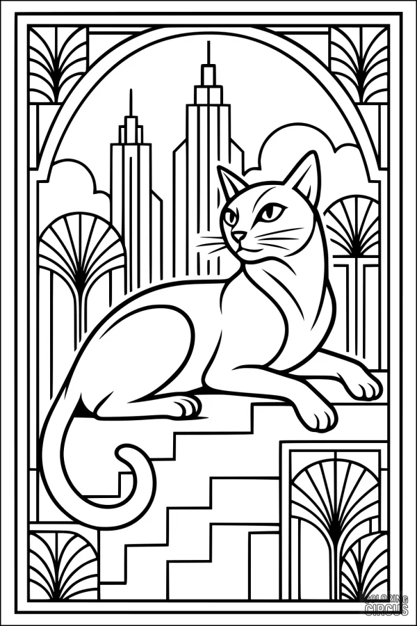 Coloring page showing a cat resting on stairs with art deco cityscape background and geometric designs