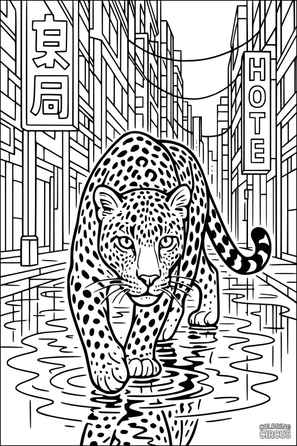 Coloring page of a leopard walking down a city street with tall buildings and neon signs