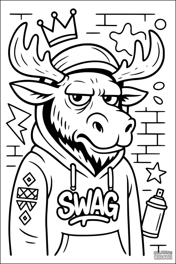 Coloring page featuring a hip moose in a hoodie with swag text, urban graffiti elements, and a crown
