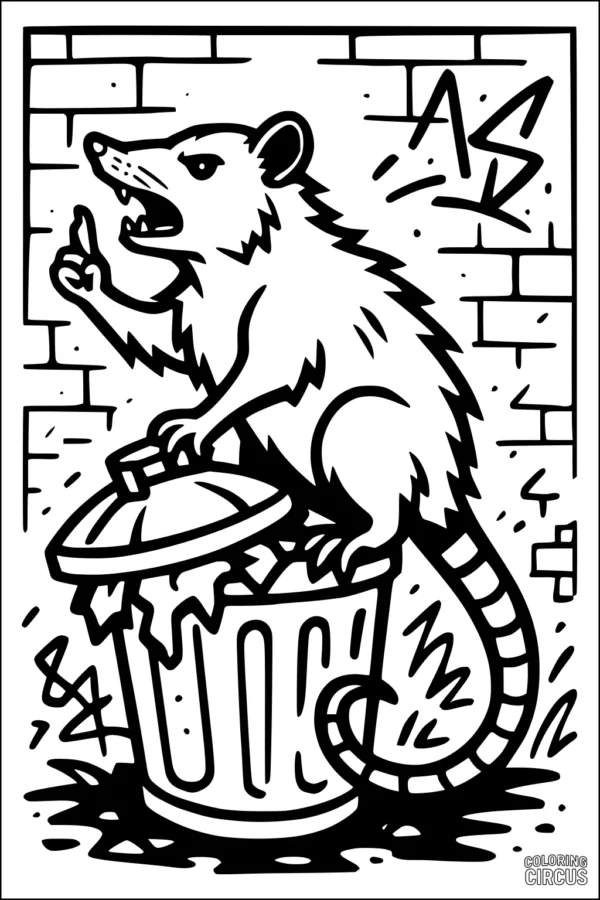 Coloring page showing an opossum standing on a trash can against a graffiti-decorated wall