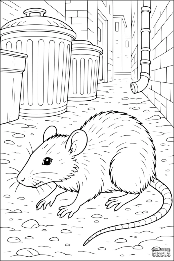 Coloring page of a curious rat in a city alleyway with trash cans and brick walls in the background