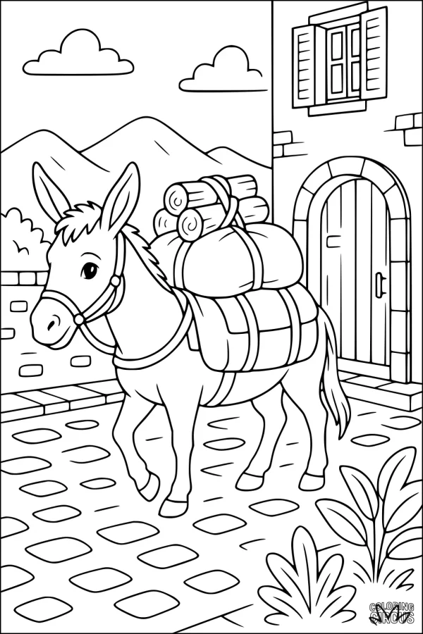 Coloring page featuring a donkey carrying bundles walking through a village street with mountains, house, and plants in the background