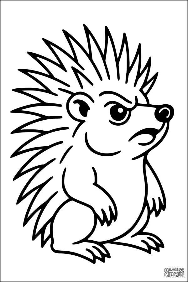 Coloring page of a cartoon hedgehog with spiky quills and an alert expression