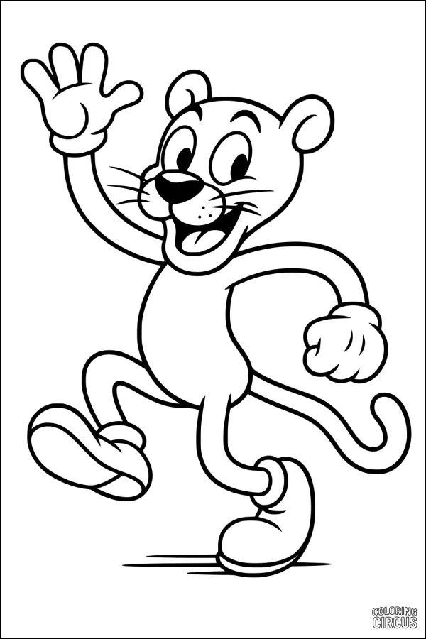Coloring page featuring a happy cartoon panther waving and smiling