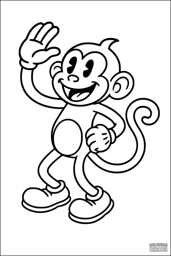 Coloring page featuring a cute cartoon monkey waving and smiling, with a big tail and shoes