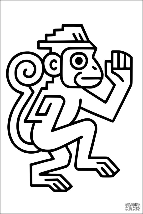 Coloring page showing a stylized monkey with a spiral tail inspired by ancient artwork