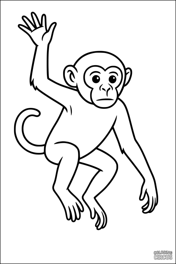 Coloring page of a waving cartoon monkey with raised hand, simple outline, suitable for young children