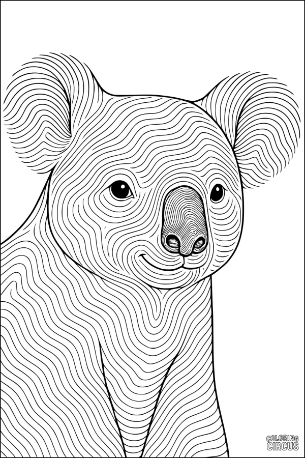 Coloring page featuring a koala outlined with wavy contour lines