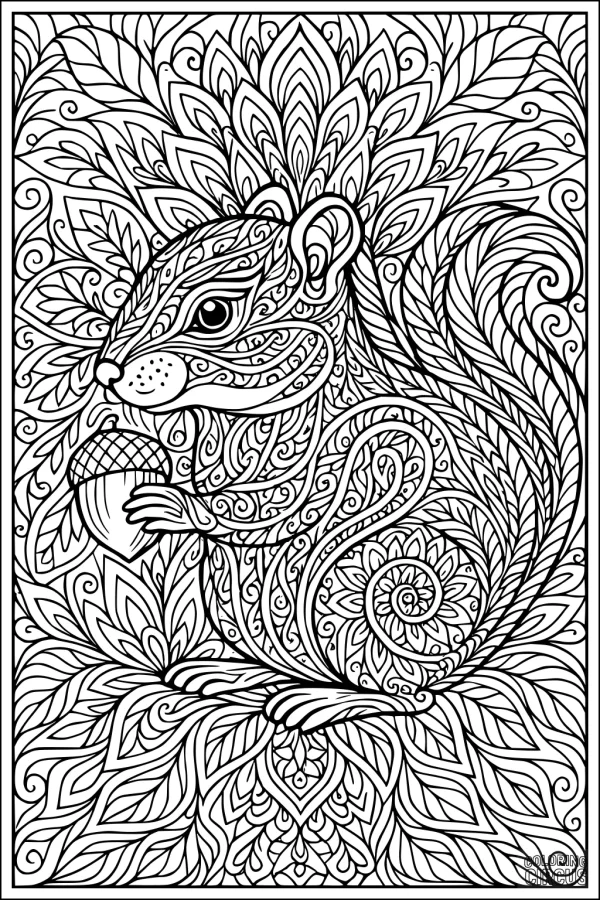 Coloring page featuring an intricately patterned chipmunk holding an acorn in a leafy, detailed forest background