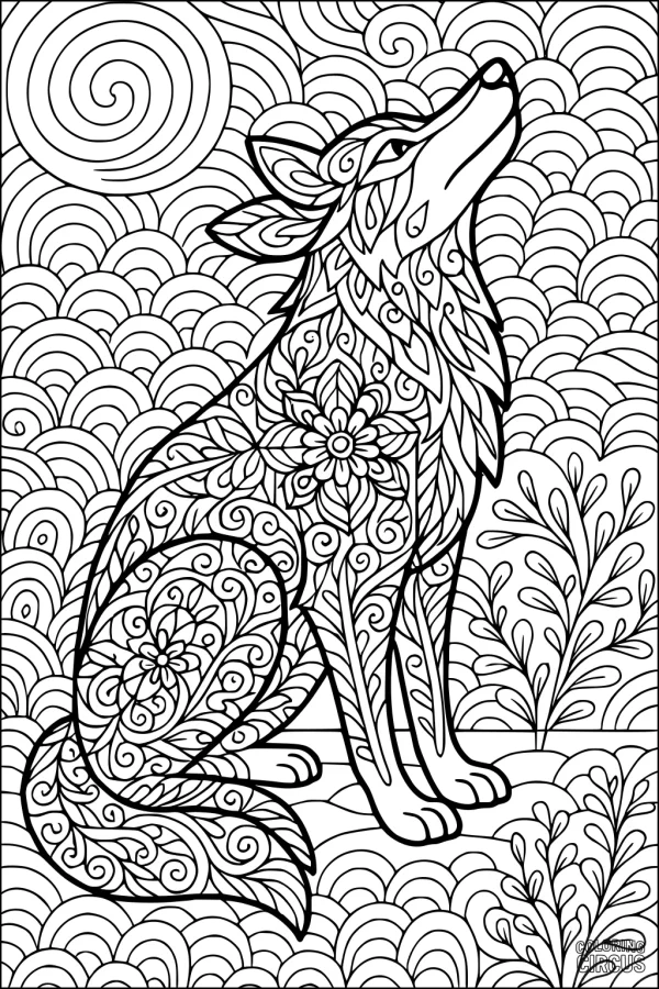 Coloring page featuring a patterned coyote with swirling backgrounds and floral details
