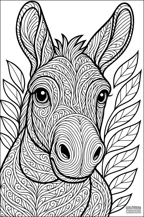Coloring page featuring a detailed donkey with intricate swirls and leaf patterns, designed for advanced coloring.