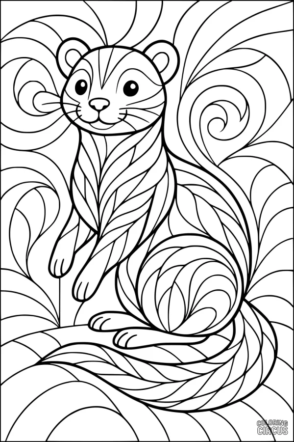 Coloring page featuring a friendly ferret with swirling abstract patterns and leafy surroundings