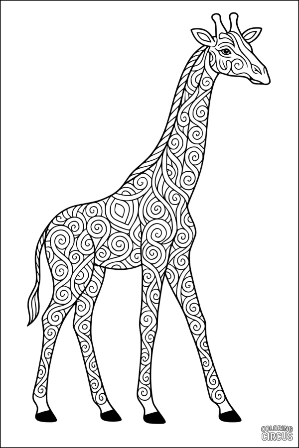 Coloring page featuring a patterned giraffe with swirling designs
