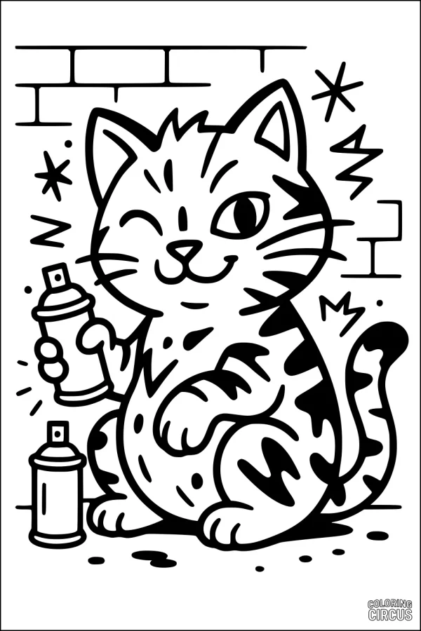 Coloring page featuring a cute cat holding spray paint cans, sitting in front of a brick wall with fun doodles