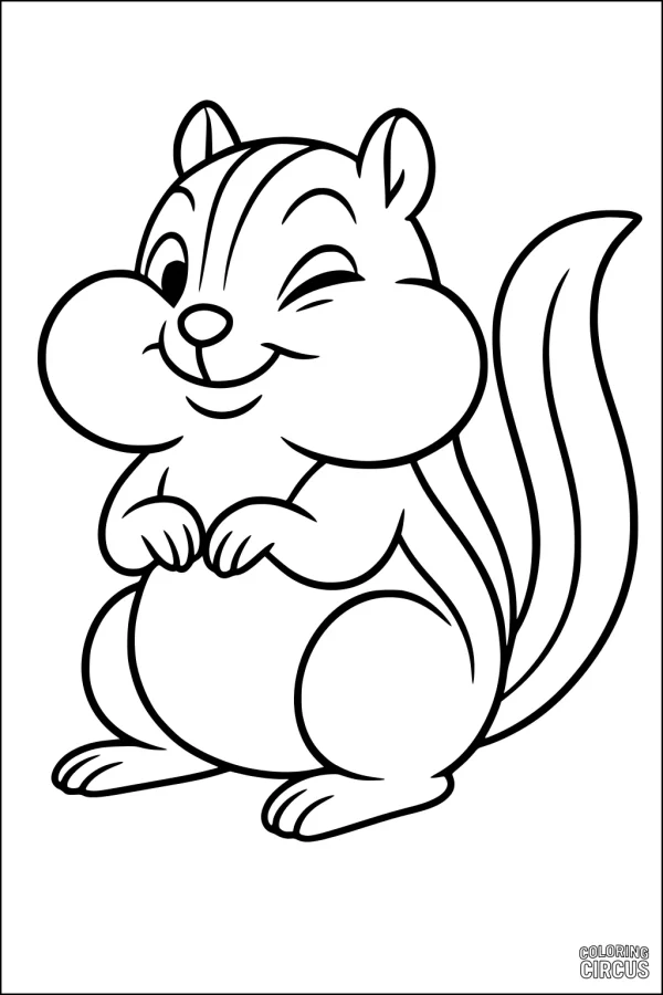 Coloring page of a cute chipmunk winking with big cheeks and a bushy tail
