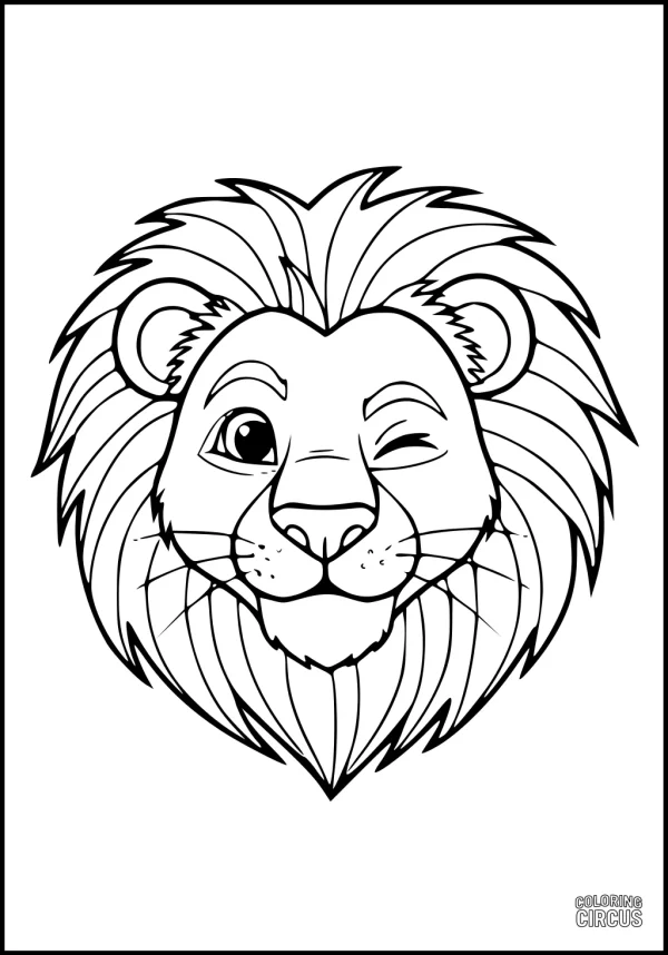Coloring page of a cute lion face winking, with a friendly expression and a large mane