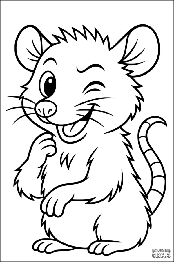 Coloring page featuring a cute cartoon opossum winking