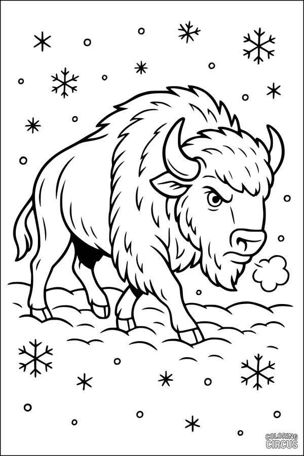 Coloring page showing a bison standing in snowy landscape with falling snowflakes for kids