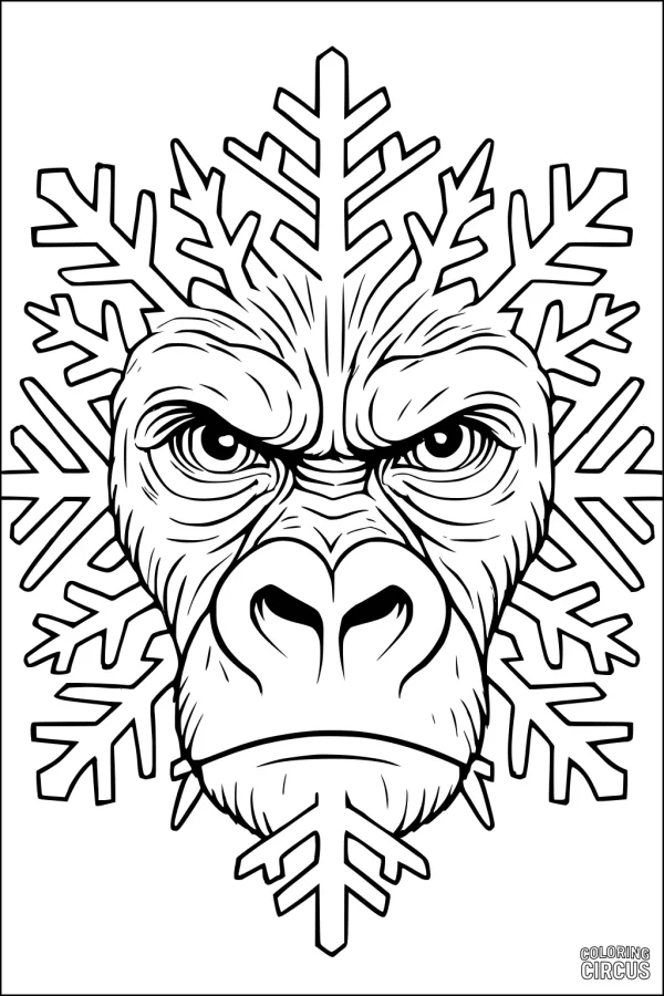 Coloring page gorilla face with large snowflake mandala background