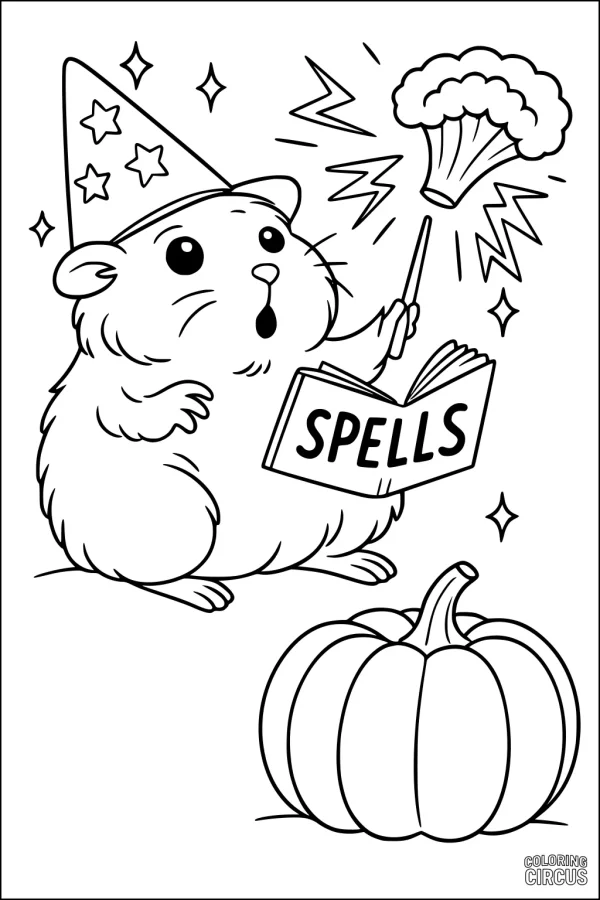 Coloring page featuring a wizard hamster casting a magical spell with a wand and a pumpkin
