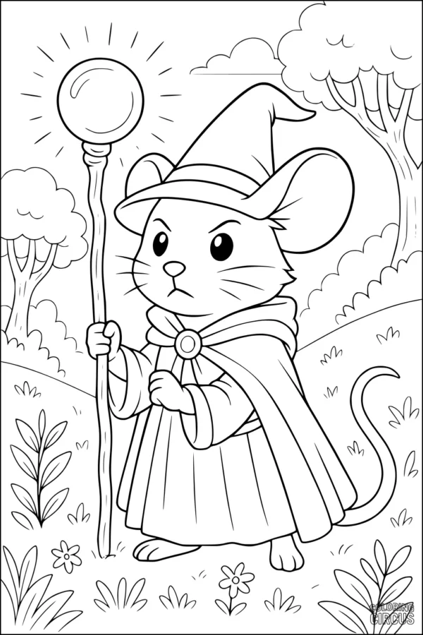 Coloring page of a wizard mouse in a cape and hat holding a magic staff in a forest meadow setting