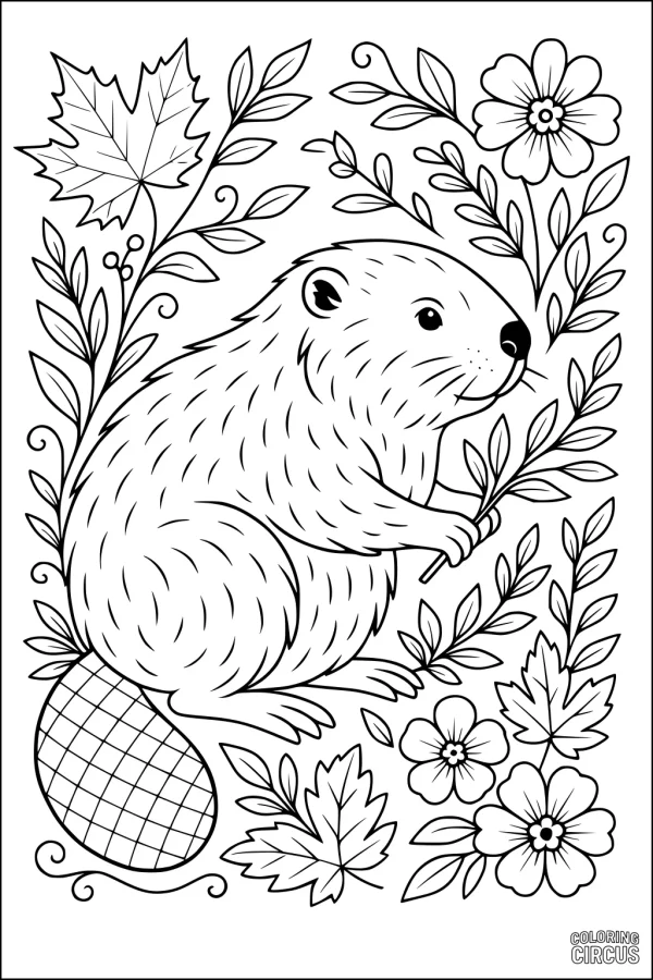 Coloring page featuring a cute beaver sitting among flowers and leafy branches in a woodland scene.