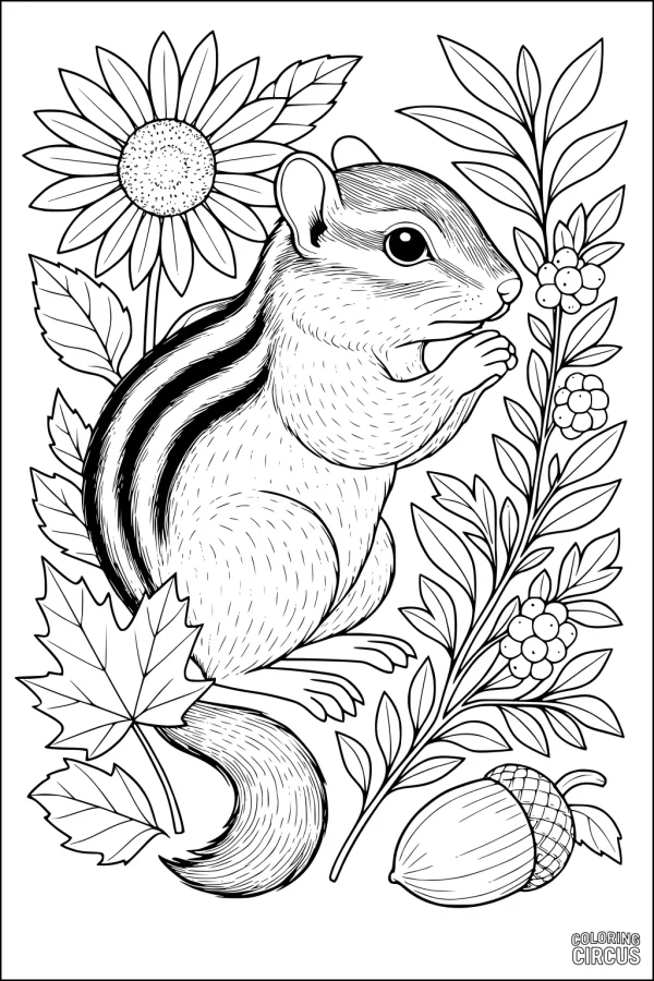 Coloring page with a chipmunk surrounded by flowers, acorn, leaves, and berries