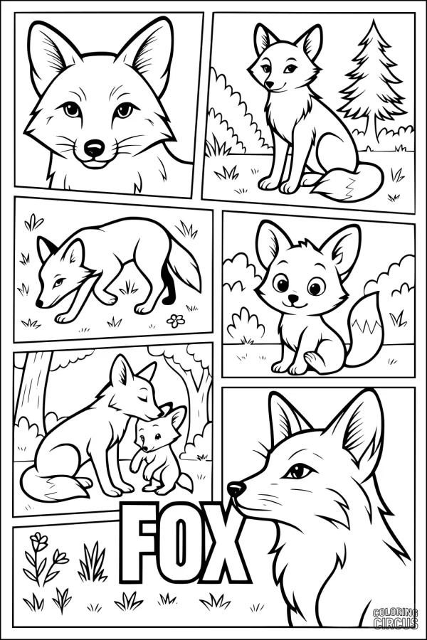 Coloring page featuring six cartoon foxes in a forest, including a parent and kit, with simple backgrounds