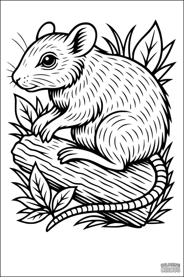 Coloring page featuring a detailed rat sitting on a log with leafy plants