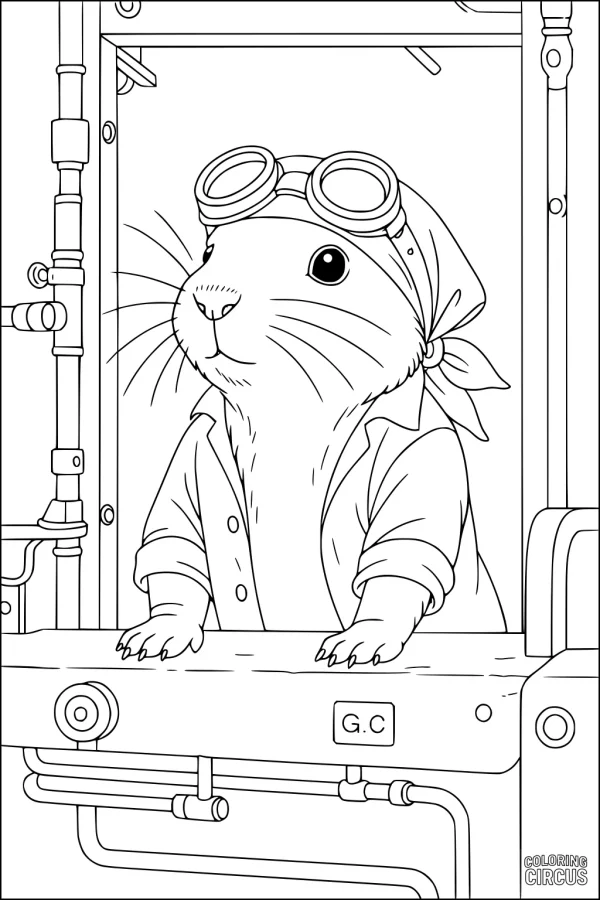 Coloring page hamster wearing goggles and bandana in a workshop setting