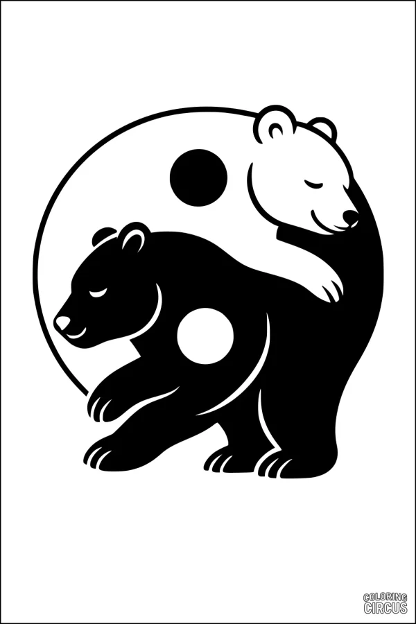 Coloring page of two bears forming a yin-yang symbol, with one dark and one light bear