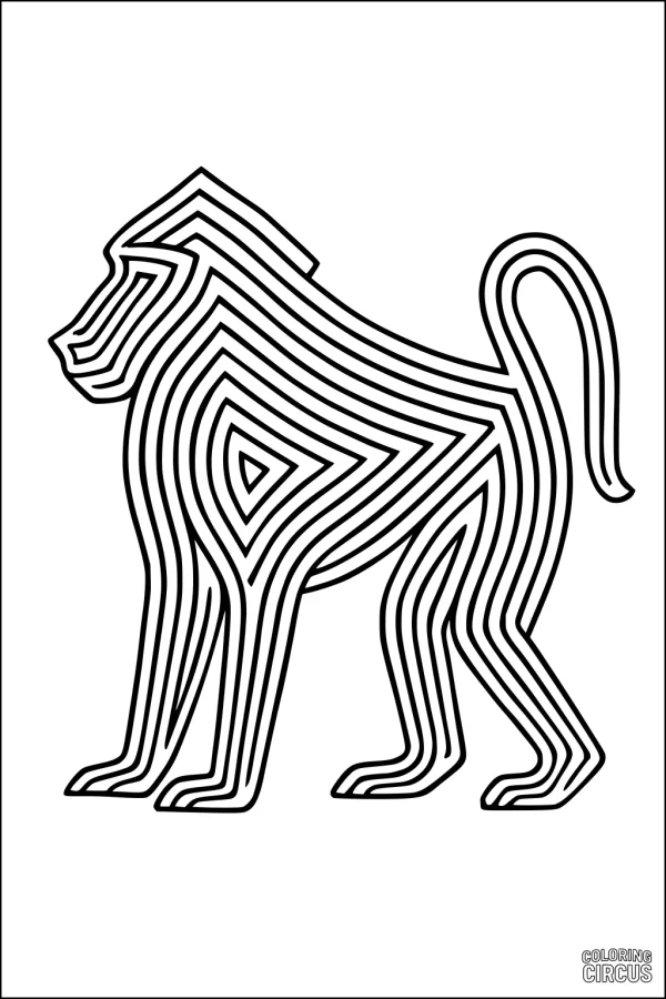 Coloring page featuring a stylized baboon made from bold zigzag lines, ideal for kids