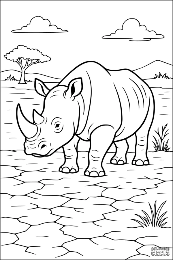Coloring page with rhinoceros on dry savanna, tree, grass, and mountains
