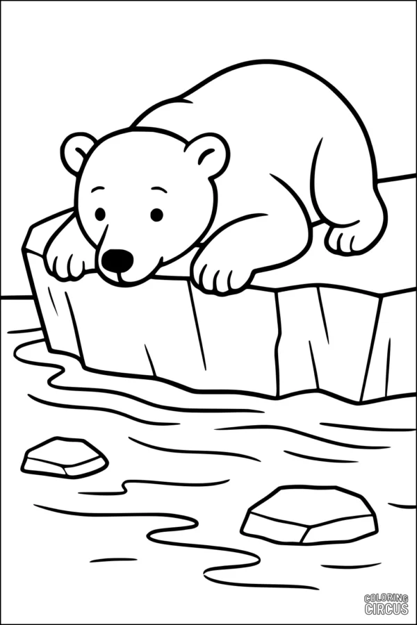 Coloring page showing a cute polar bear resting on an icy platform above the water