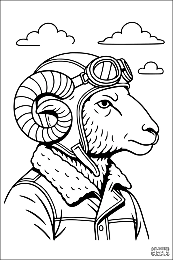 Coloring page featuring a sheep dressed as an aviator with goggles and jacket, clouds in the background