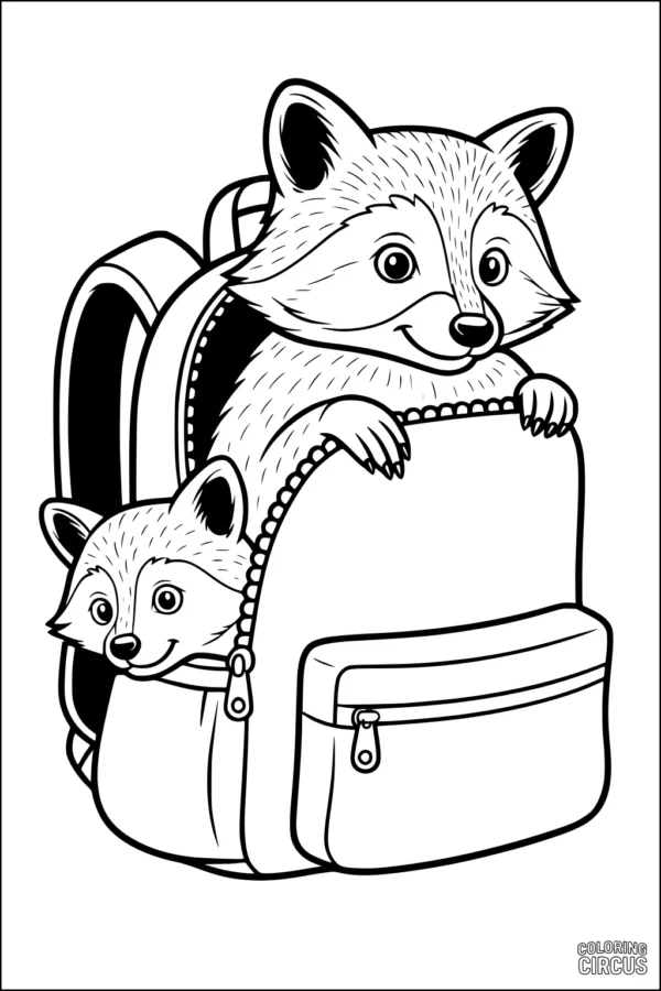 Coloring page showing two raccoons peeking out of a large backpack in a playful pose