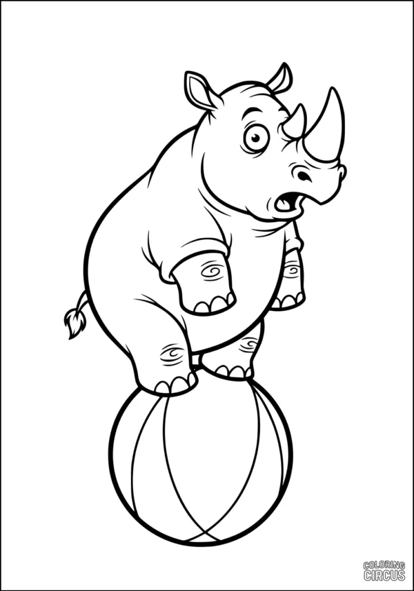 Coloring page of a cute rhinoceros balancing on a circus ball, perfect for young children and animal lovers.