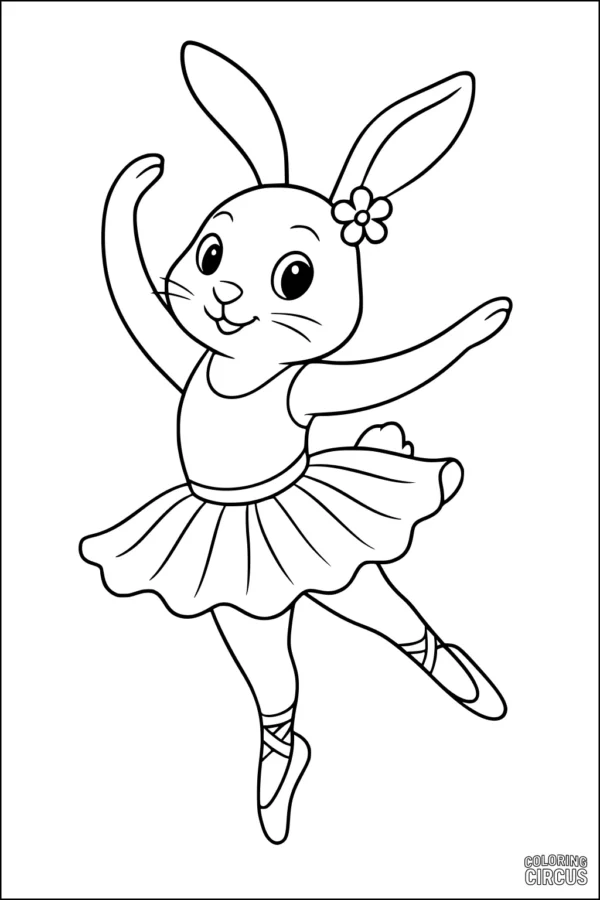 Coloring page of a cute bunny rabbit in a tutu dancing ballet, perfect for young children