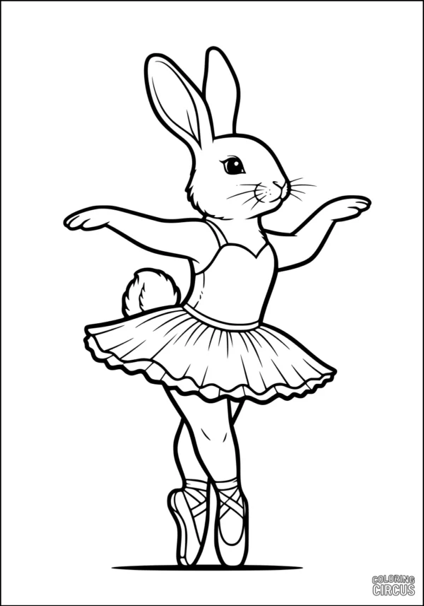 Coloring page of a cute rabbit dressed as a ballerina standing on one foot